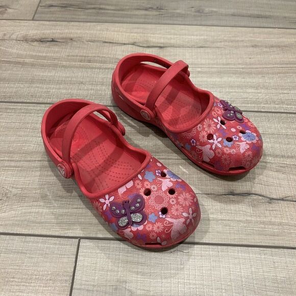 Crocs Karin Butterfly Floral Double Strap Mary Jane Clogs Girls Size 13 - Picture 2 of 10